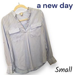 A New Day Light Blue Striped Adjustable Sleeve Blouse SMALL